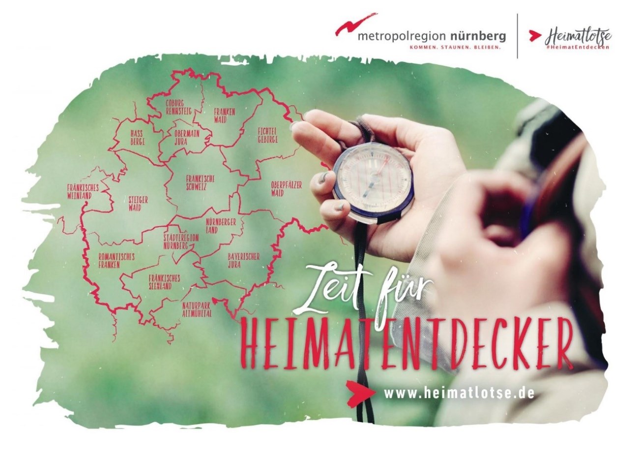 Logo des Projekts: Mittelfranken aufgeteilt in Regionen im Hintergrund, Kompass in einer Hand mit Slogan Zeit für Heimatentdecker www.heimatlotse.de im Vordergrund, rechts oben Projektlogos